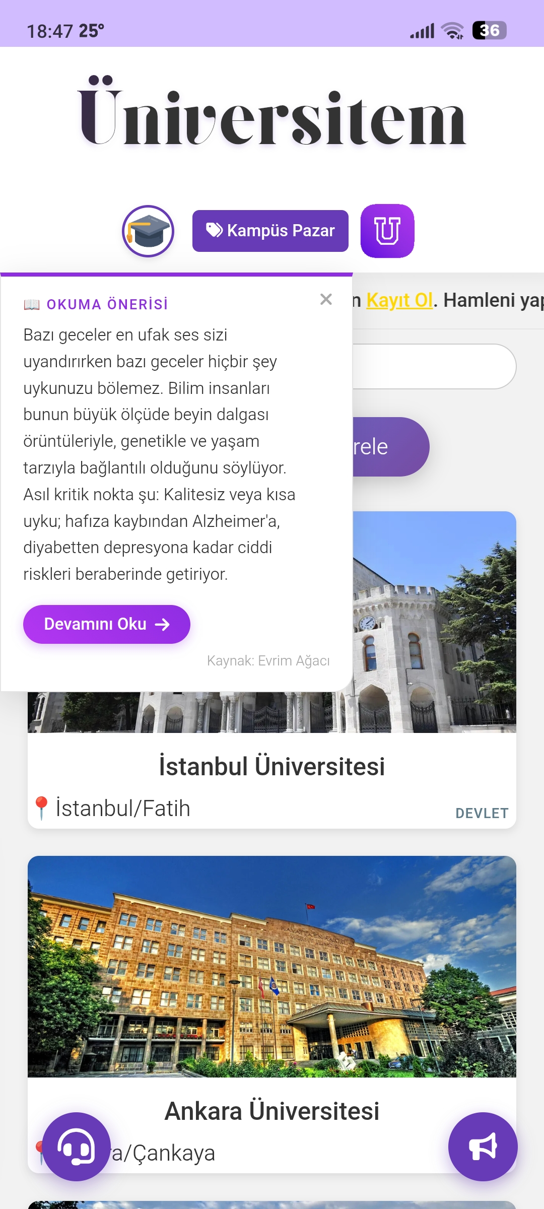 Üniversitem uygulama önizlemesi